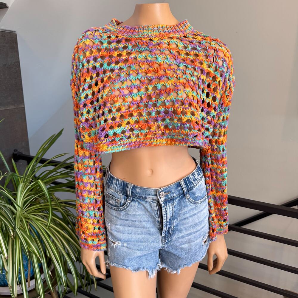 Boho Rainbow Crochet Style Crop Top - Mesh Knit Bell Sleeve Sweater Size M/L